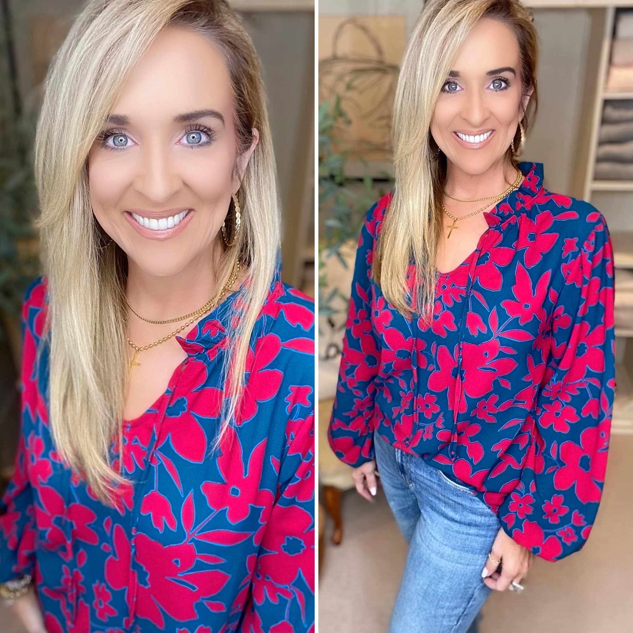 Teal and Magenta Print Blouse