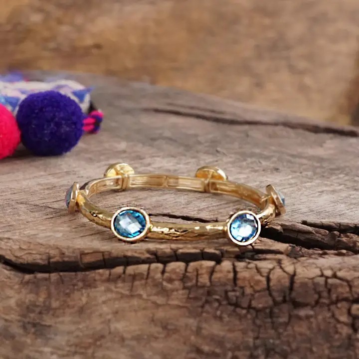 Jeweled Golden Bangle - with Faceted Glass Oval Colorful Jewels